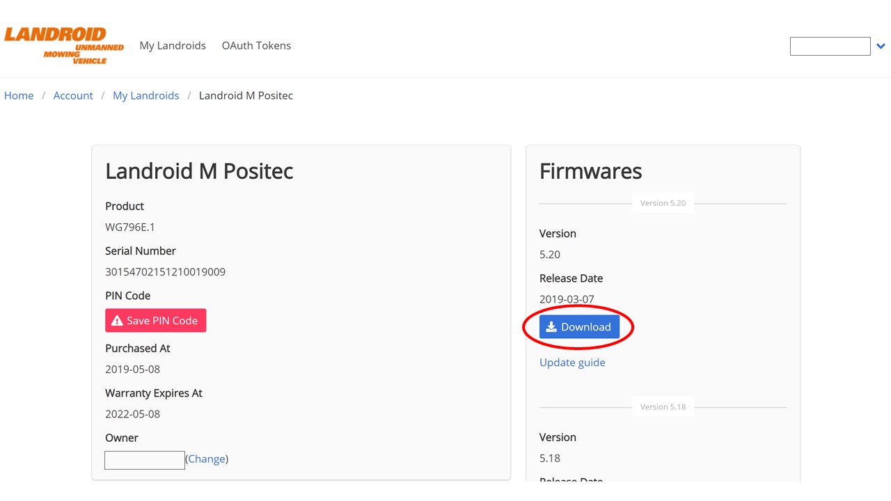 How to upgrade the firmware for Landroid M L 2016 2018