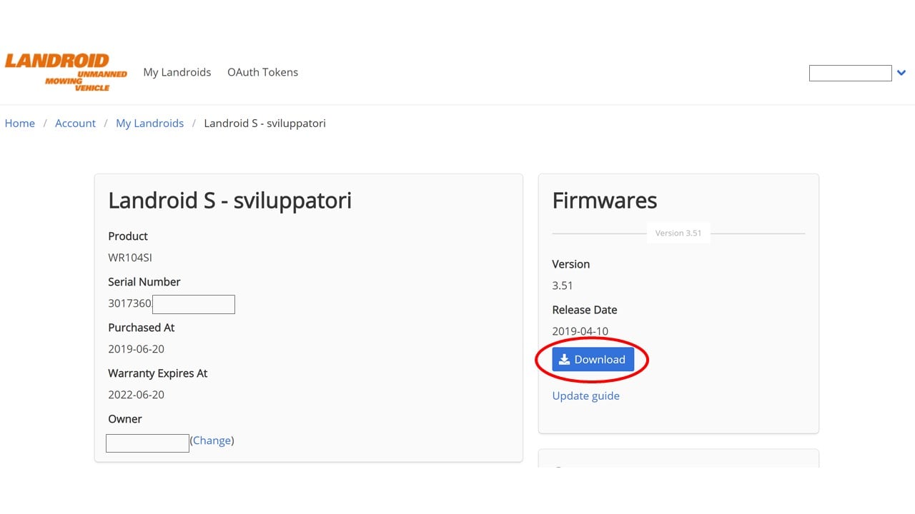 How to upgrade the firmware for Landroid S 2017 2018